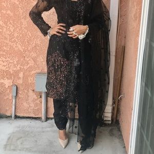 Beautiful black sequin embellished Pakistani handmade dress hand stitched